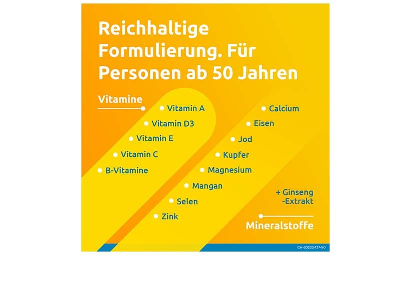 Auflistung der Vitamine, Mineralstoffe und des Gingseng-Extrakts. Text: